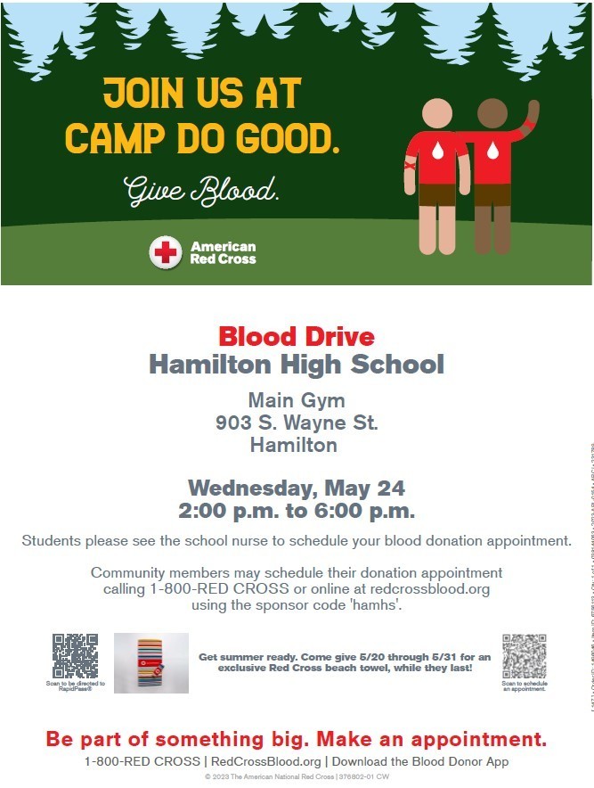 Blood Drive flyer for Hamilton High School Blood Drive, May 24, 2023