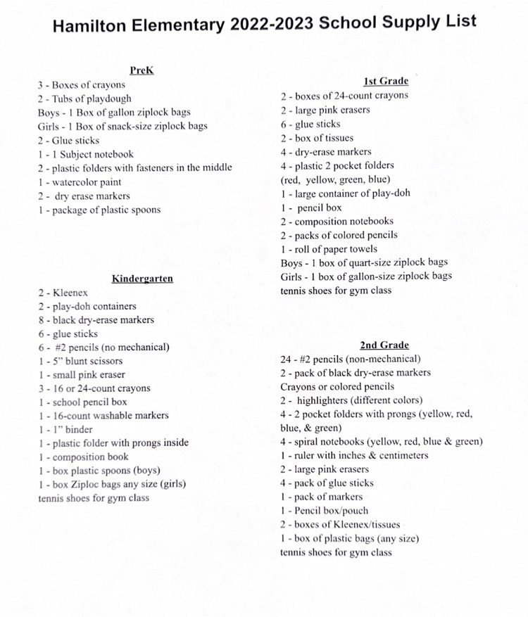 2023-2024 School Supply List